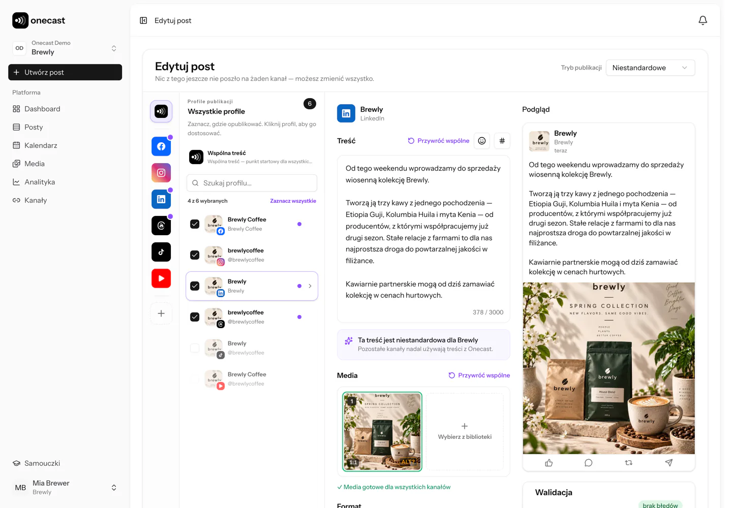 Edytor posta w Onecast z osobną treścią przygotowaną dla profilu LinkedIn.